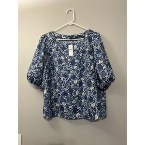NWT Women's Anne Taylor 1X Floral Blue Boatneck Popover Blouse